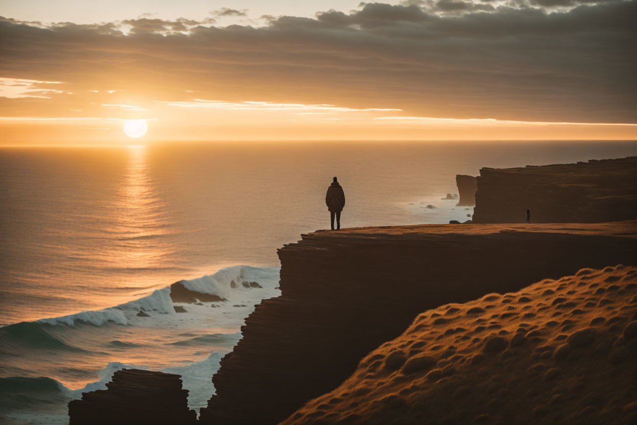 Person on Cliff at Sunset Overlooking Sea with Waves