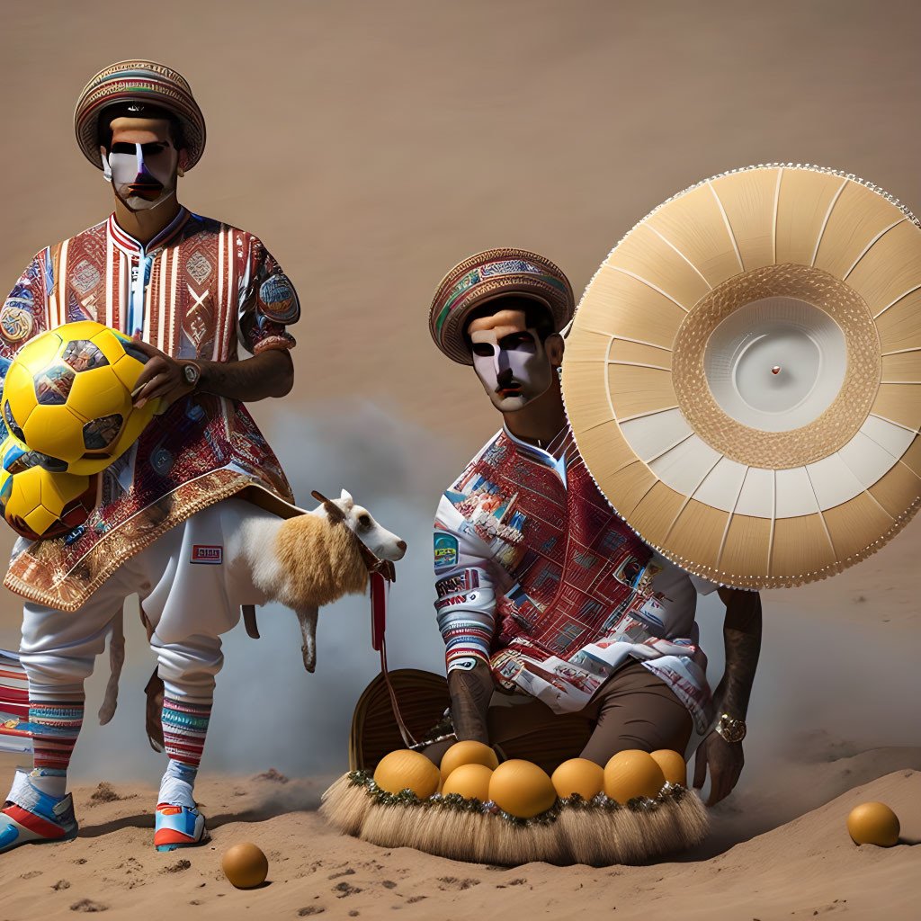 Stylized figures in ornate outfits with geometric patterns beside a goat and scattered eggs