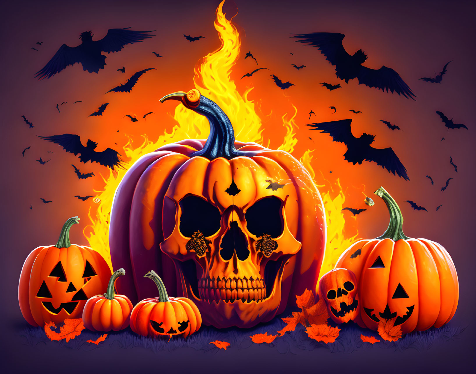 Spooky Halloween-themed illustration with jack-o'-lantern, skull face, pumpkins, and bats