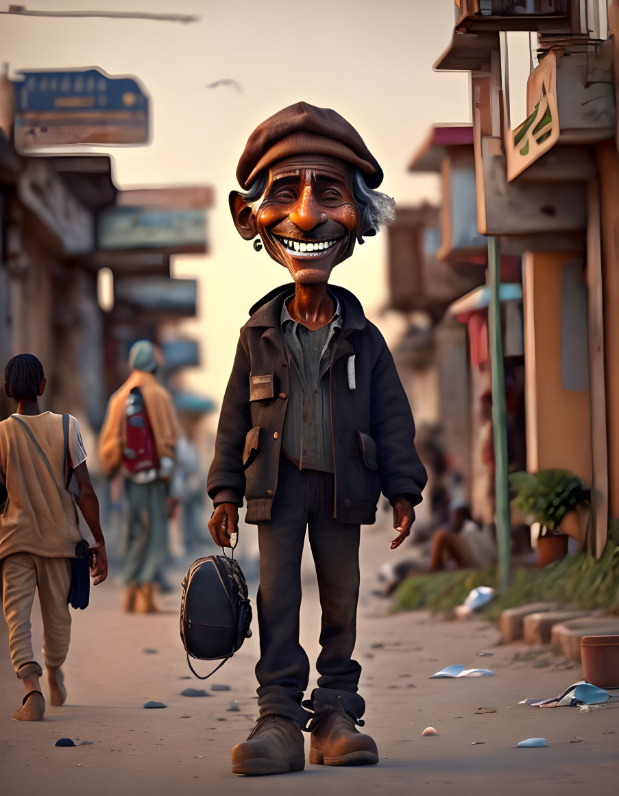 Exaggerated features animated character smiling on street with helmet