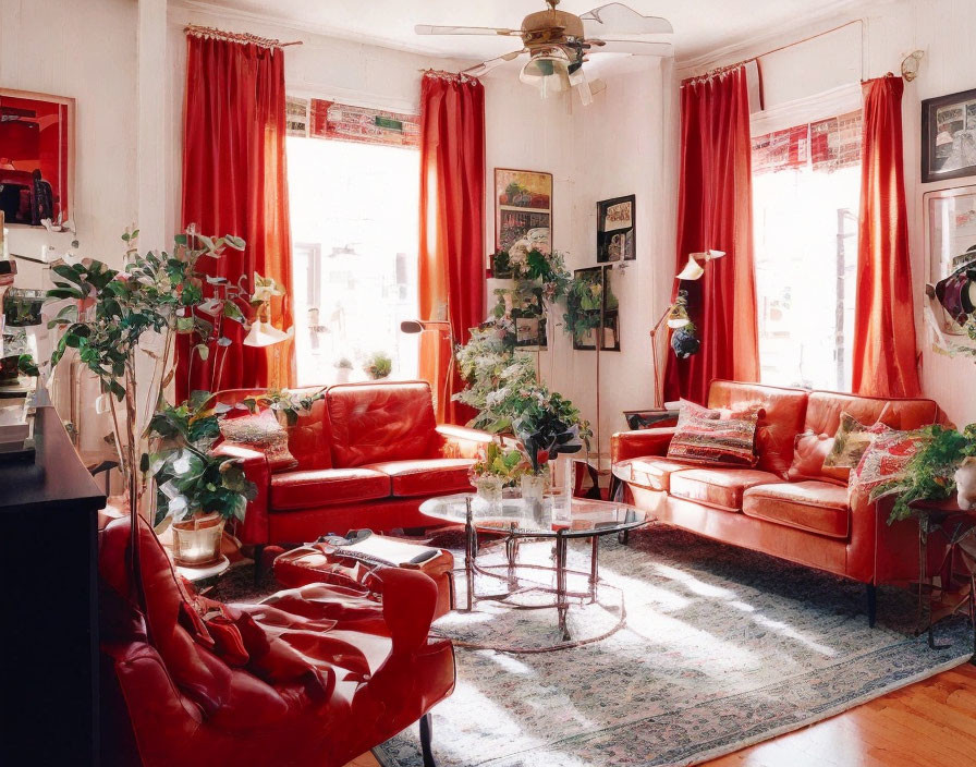 Red leather sofa set, green plants, glass coffee table, white walls, and patterned rug in