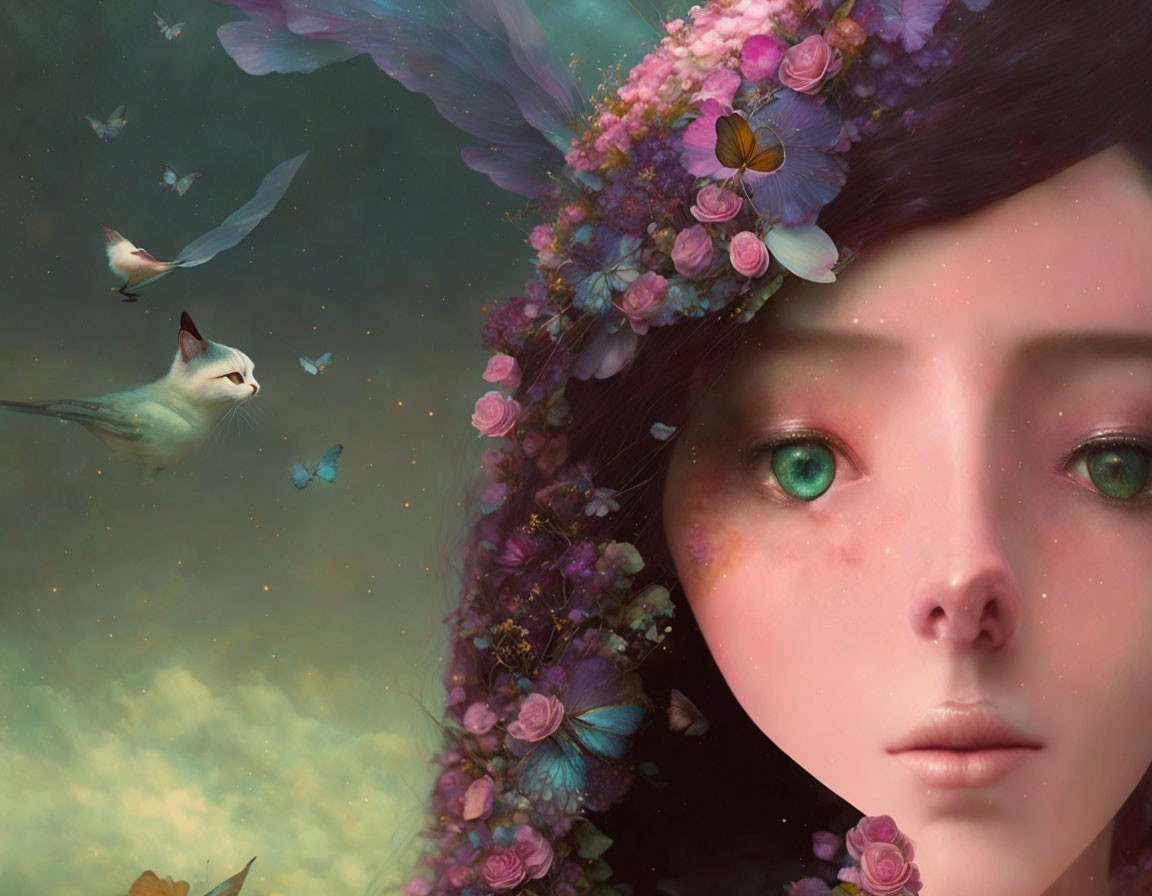 Fantastical portrait of girl with floral crown, birds, butterflies in dreamy setting.