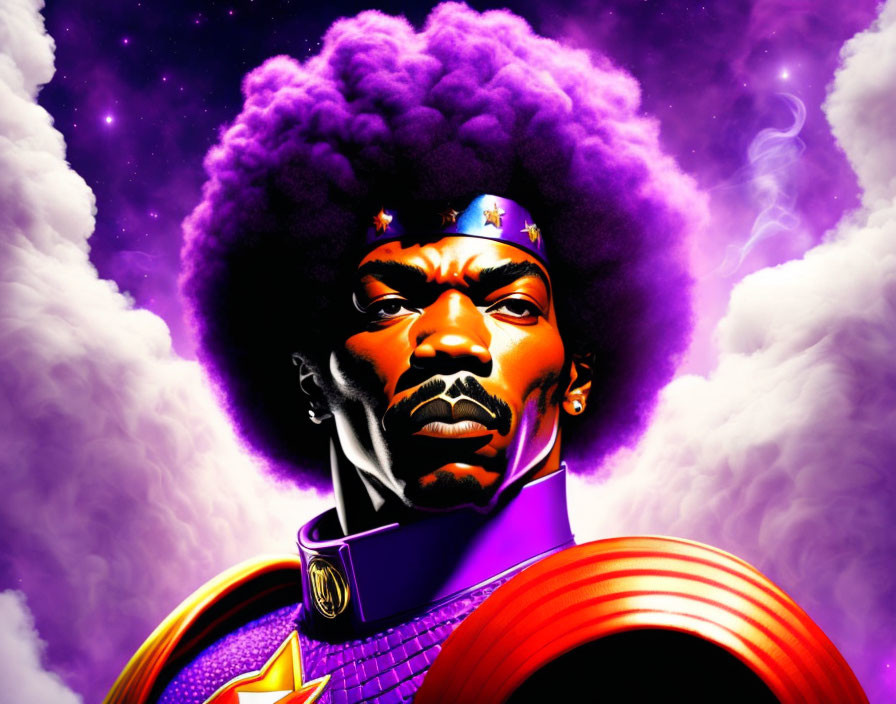 Superhero illustration: Afro, purple and gold suit, cosmos backdrop