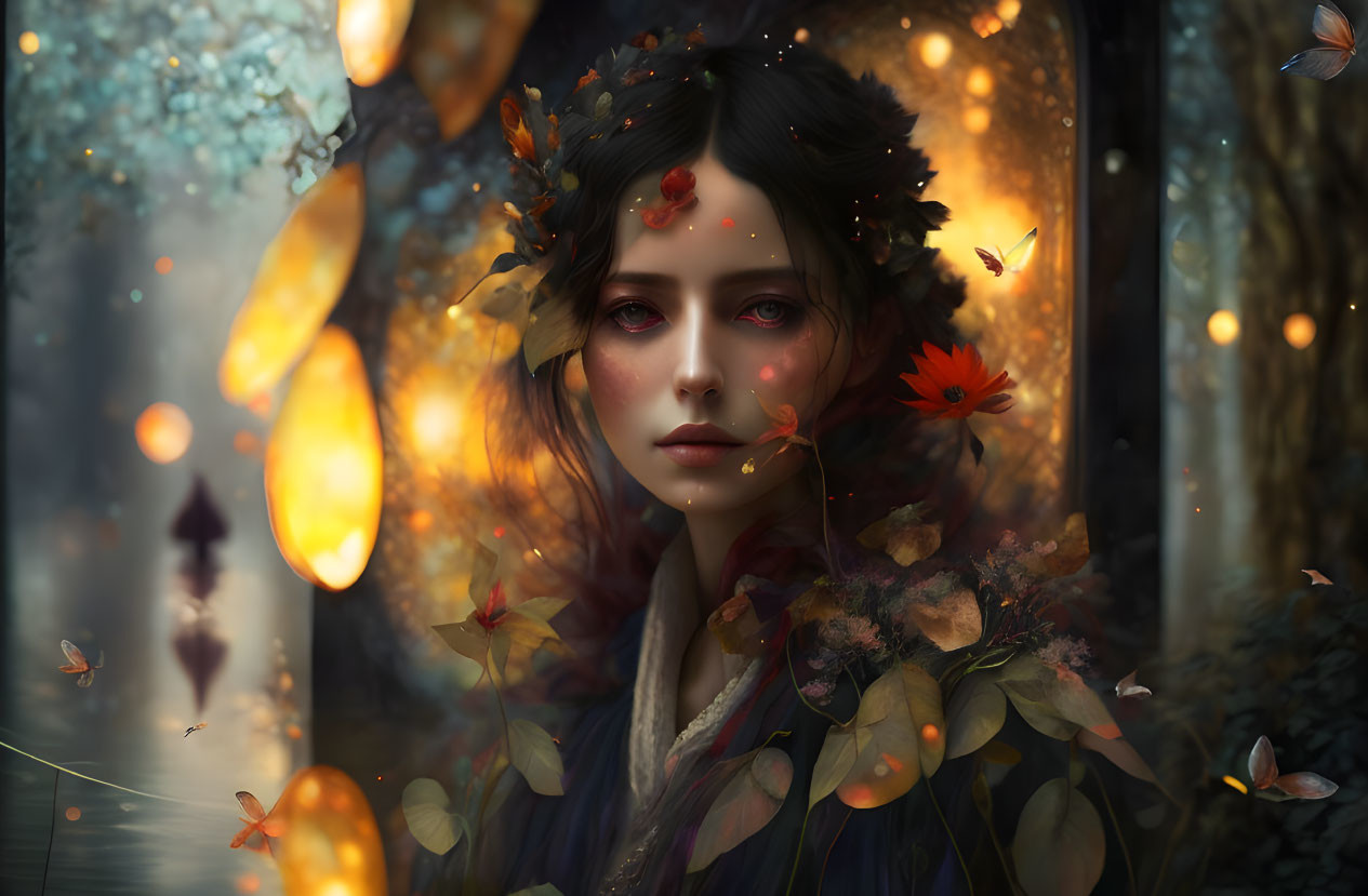 Mystical woman with autumn leaves and butterflies in enchanted forest