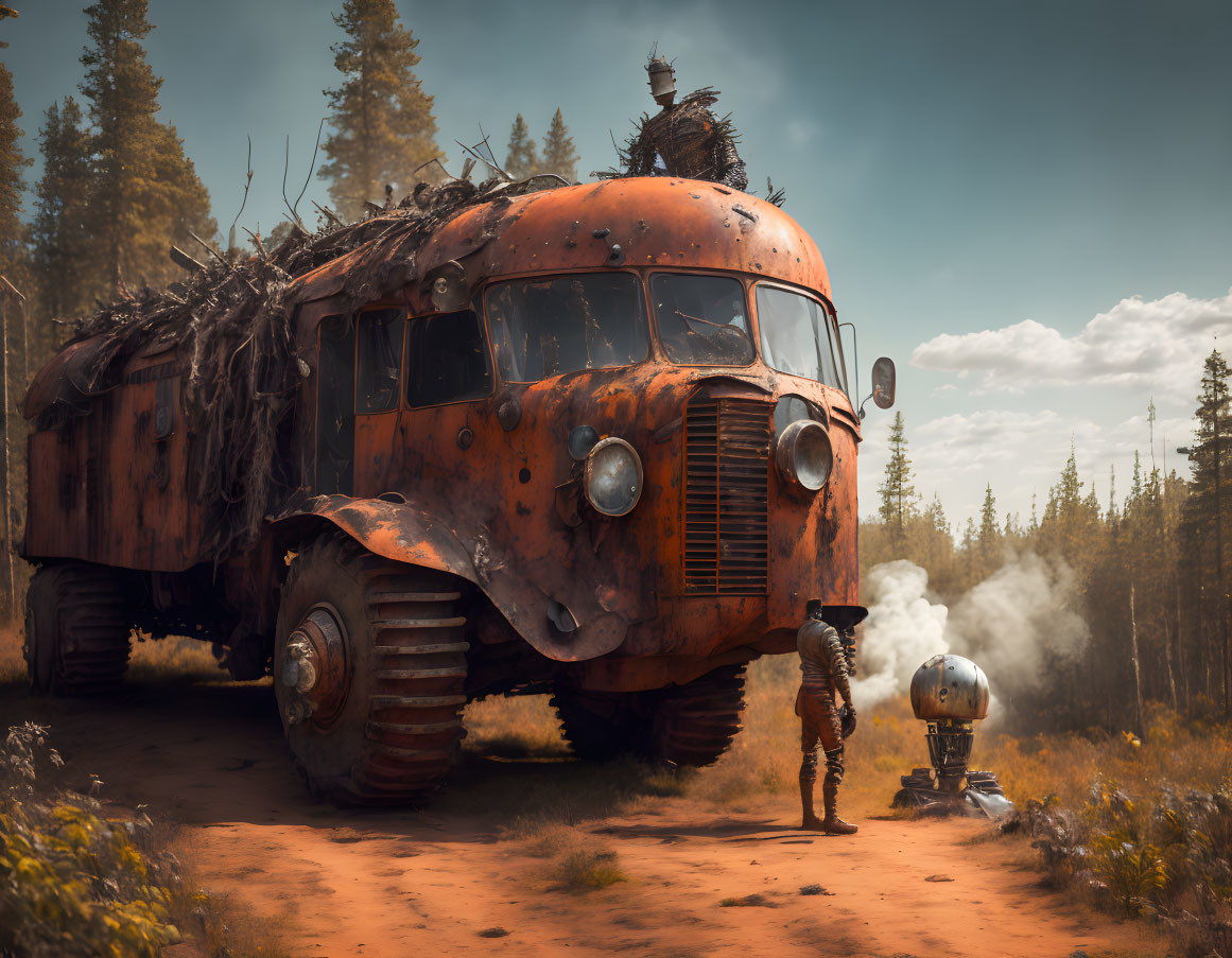 Spacesuit person near old bus with oversized tires and steam-emitting robot in forest clearing