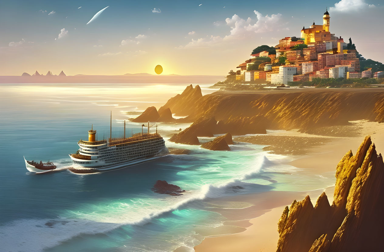 Majestic coastal sunset with hilltop castle, boats, beach, and shooting stars