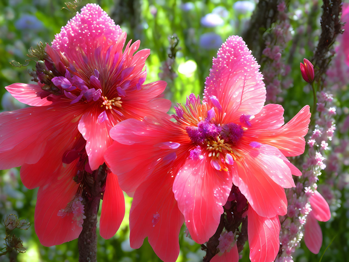 Beautiful Pink Flowers with Dewdrops in Greenery