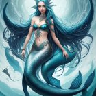 Blue-skinned mermaid in vibrant underwater scene with butterflies and whimsical trees