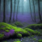 Mystical forest with stream, moss-covered rocks, purple flora, and ethereal light