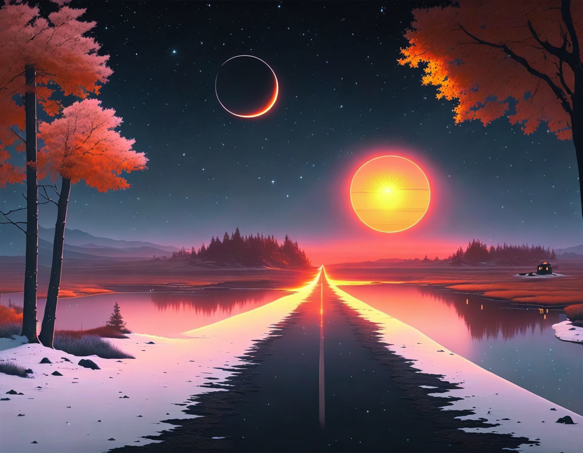 Surreal twilight landscape with celestial bodies reflected in river