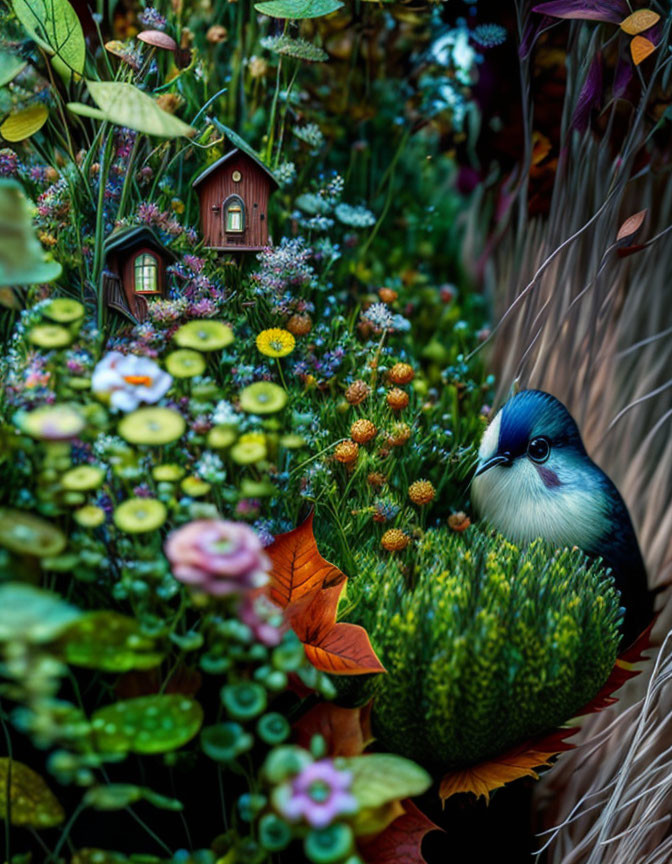 Colorful Bird Surrounded by Flowers and Miniature Houses