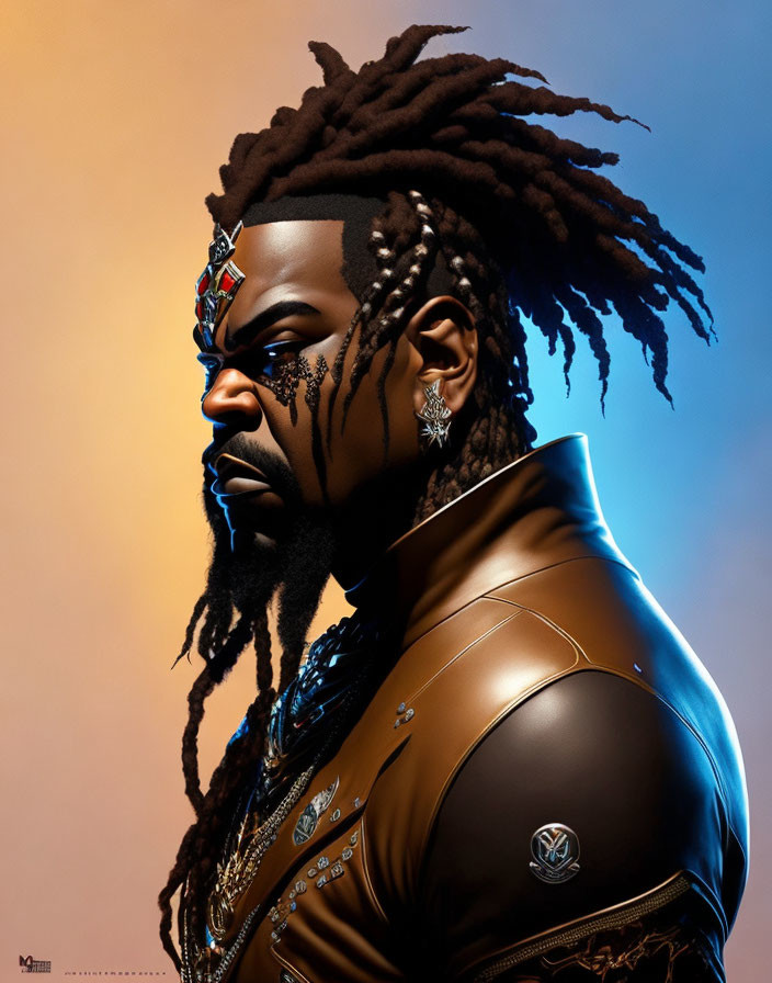 Man with dreadlocks and tribal face markings in futuristic leather jacket on gradient background