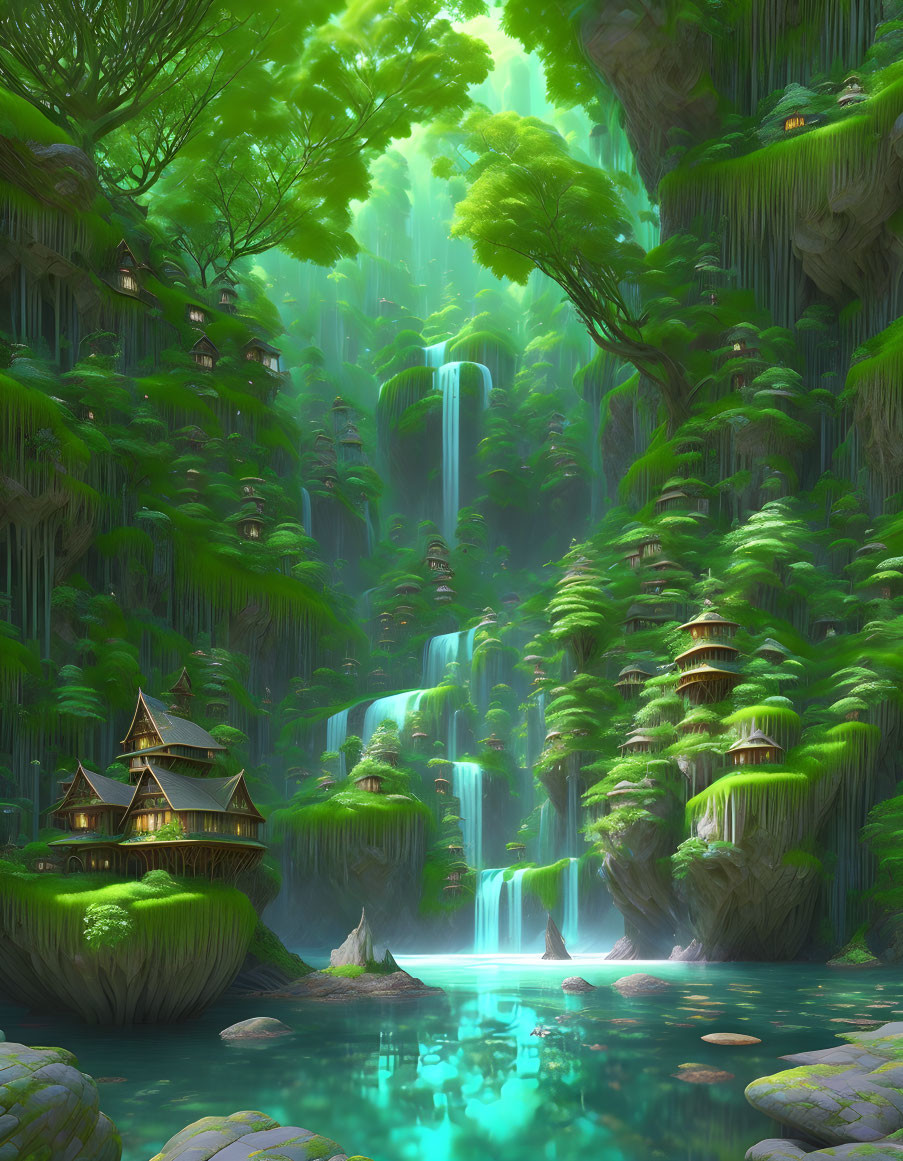 Enchanting Asian-style forest with waterfalls and turquoise lake