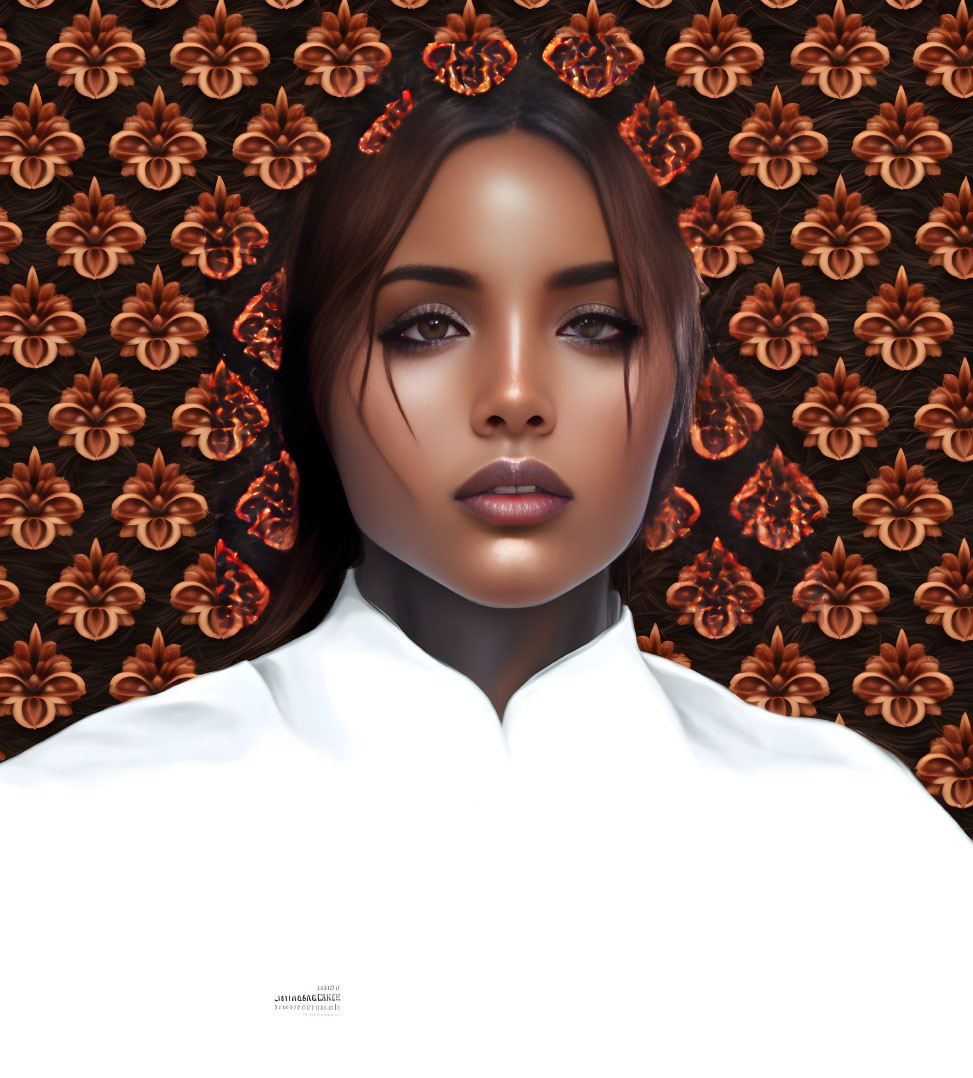 Digital portrait of woman with brown eyes and lips on floral patterned background wearing white shirt