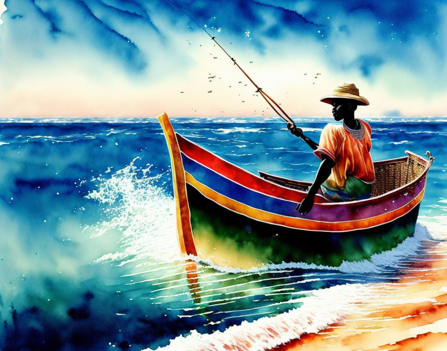 Person in hat and orange shirt fishing alone at sea in colorful boat