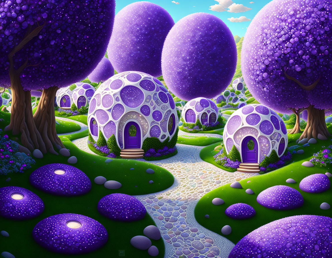 Purple Trees and Dome-Shaped Houses in Whimsical Landscape