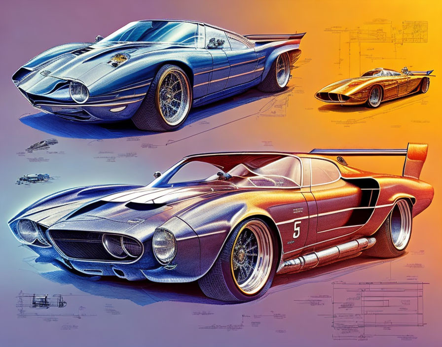 Classic Sports Cars Poster with Aerodynamic Designs and Technical Blueprints