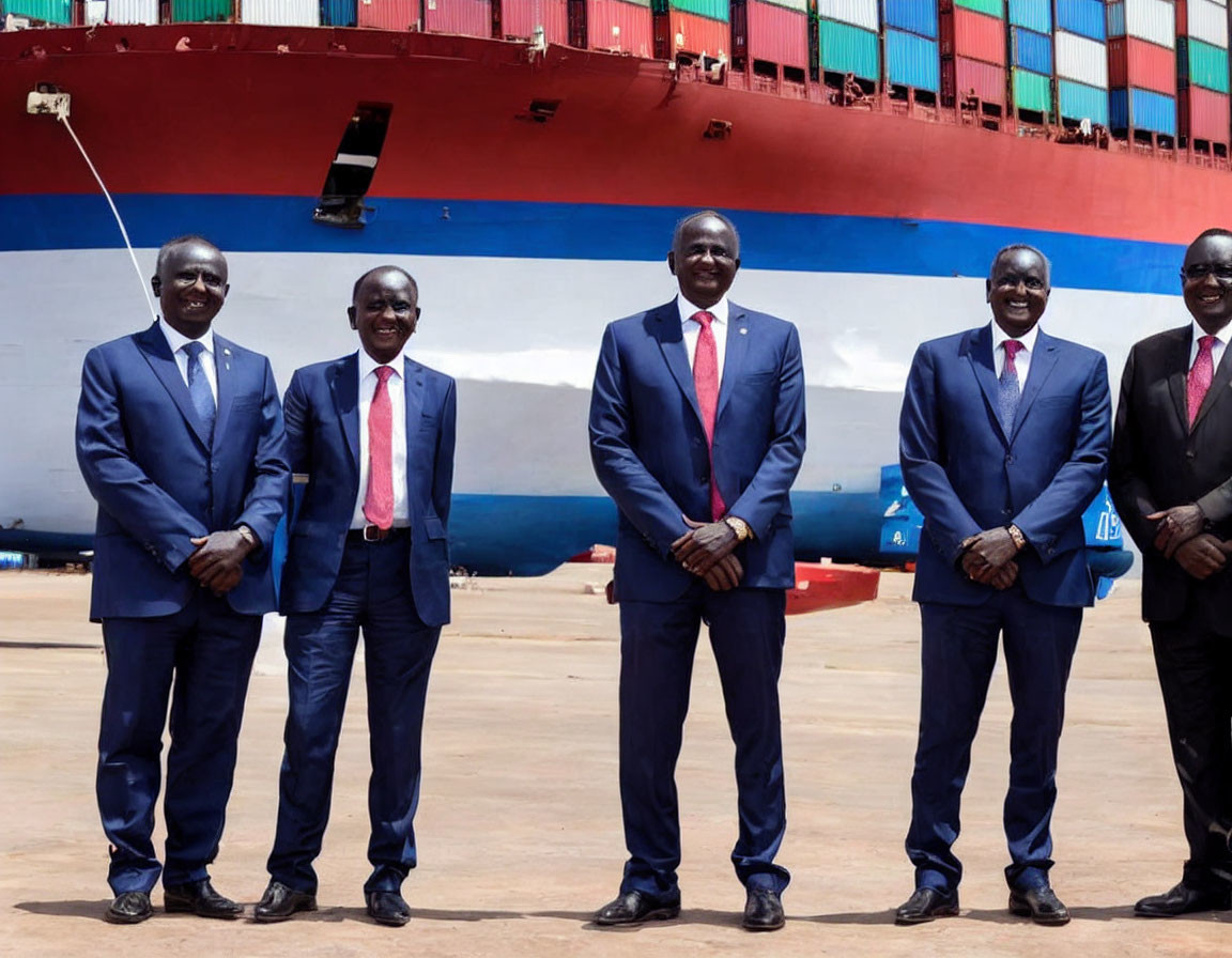 Five men in suits posing by a red ship under a clear blue sky