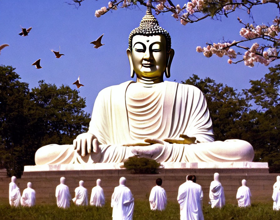 Golden Buddha Statue Surrounded by White-Robed Figures Outdoors