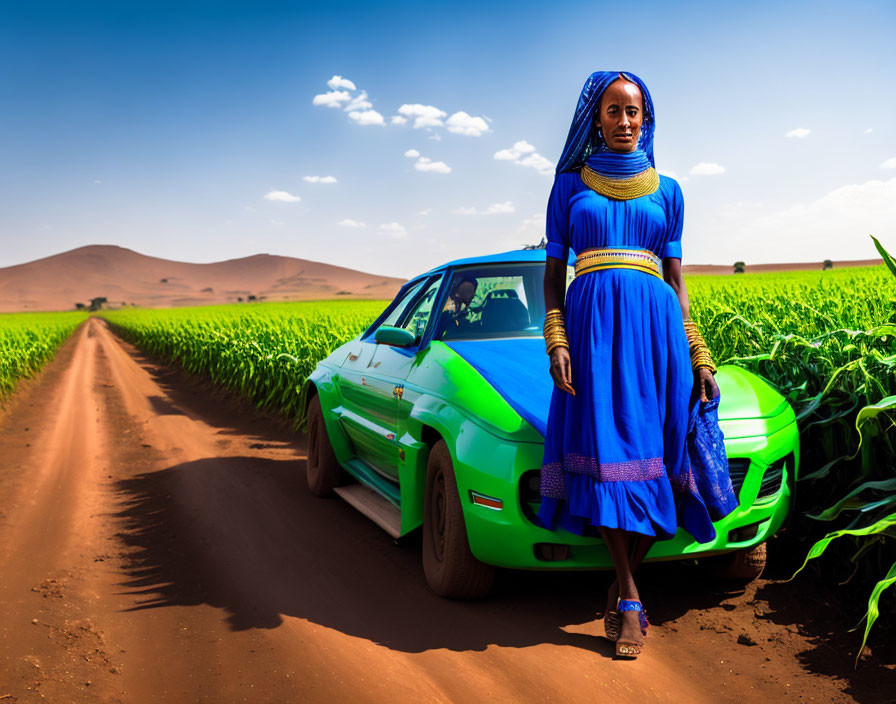 Traditional Blue Attire Woman Next to Green Classic Car on Dirt Road