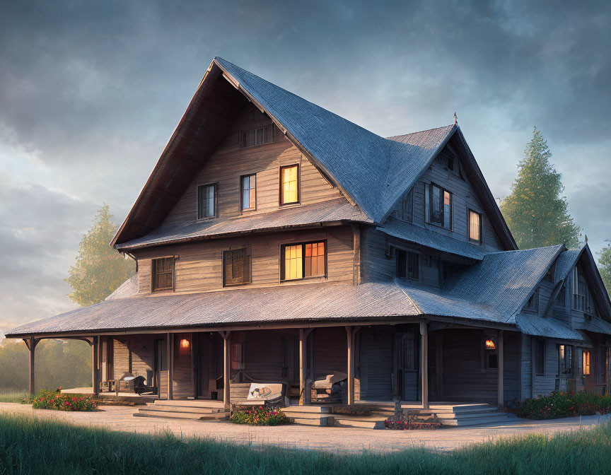 Large two-story wooden house with wraparound porch in misty landscape at dusk