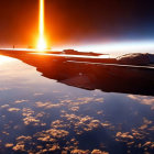 Futuristic spaceship orbits Earth at sunrise