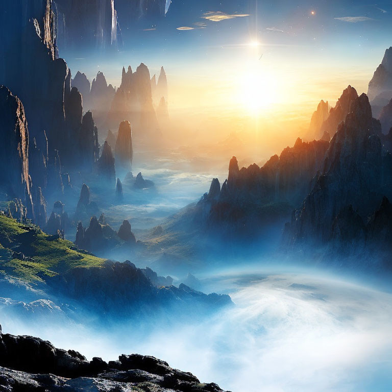 Mystical landscape with towering rocky spires and misty valley at sunrise