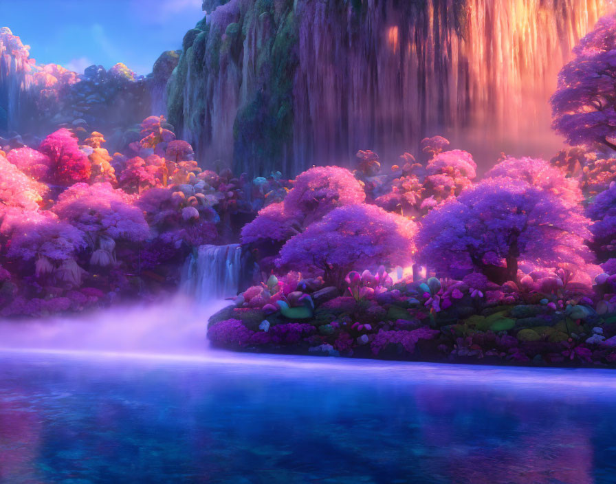 Ethereal landscape with pink cherry blossoms, misty cascades, and serene lake