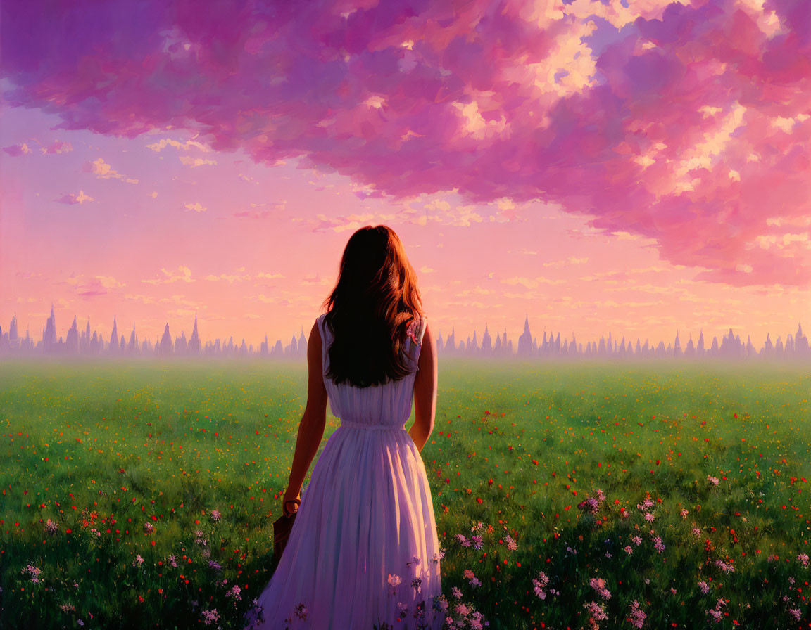 Woman in White Dress Standing in Flower-Filled Field at Dusk