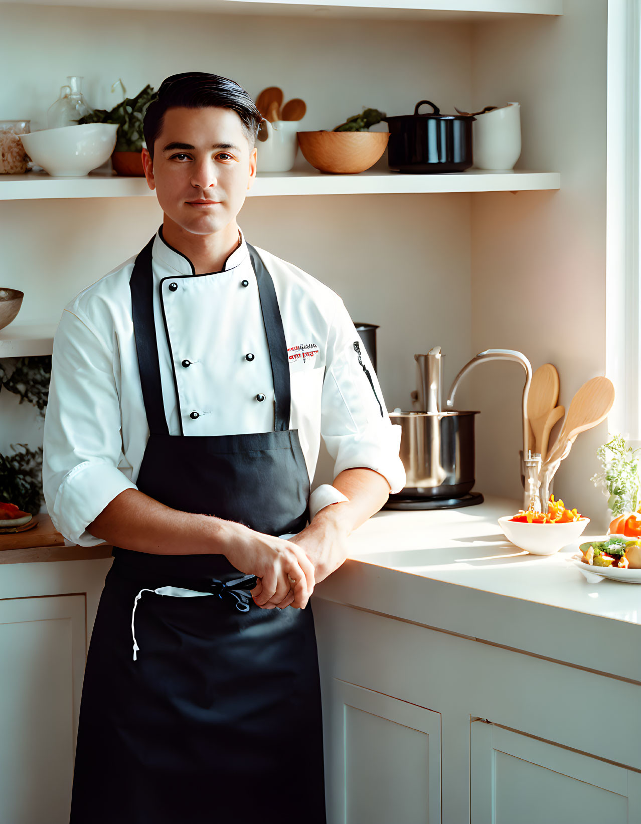 Professional chef in white jacket and black apron in sunlit kitchen.