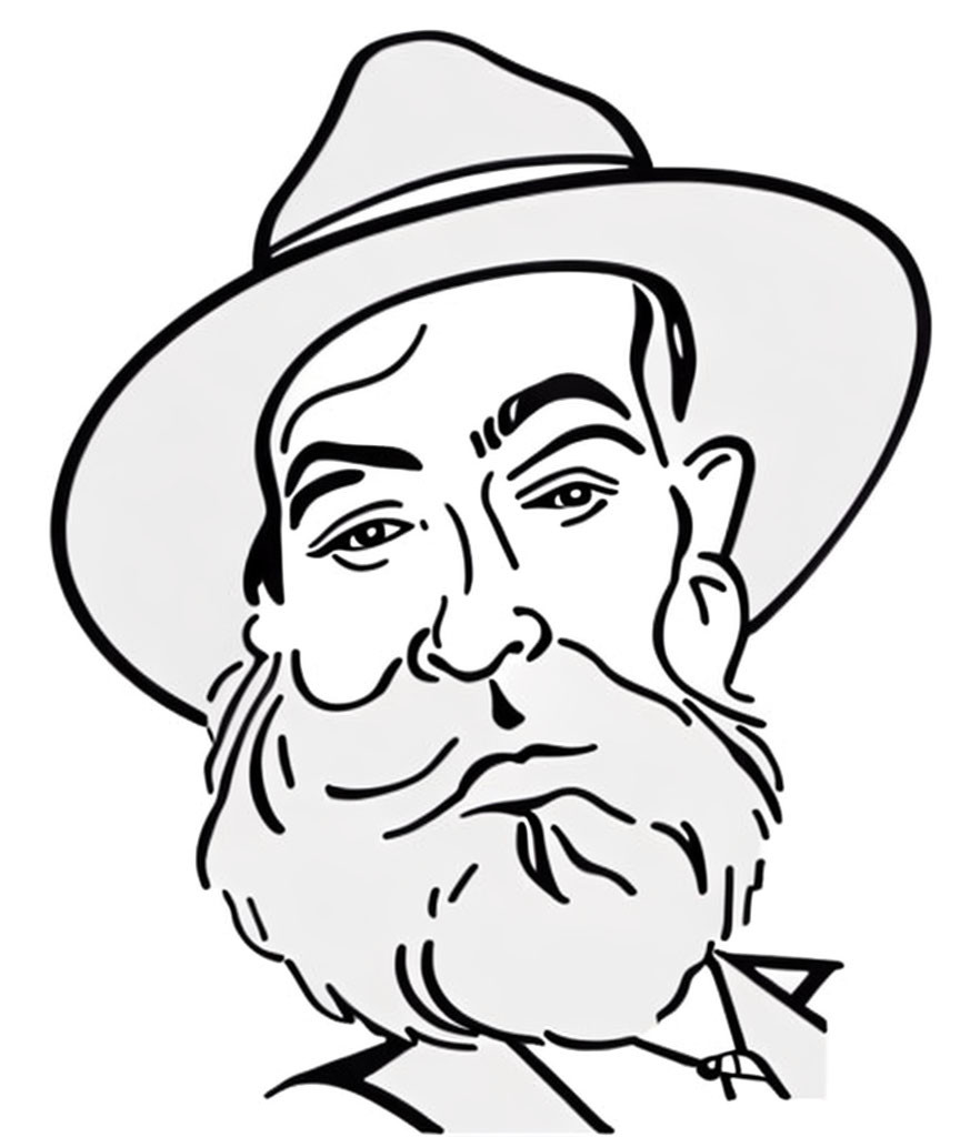 Detailed black and white line drawing of a man with beard, mustache, hat, prominent nose,