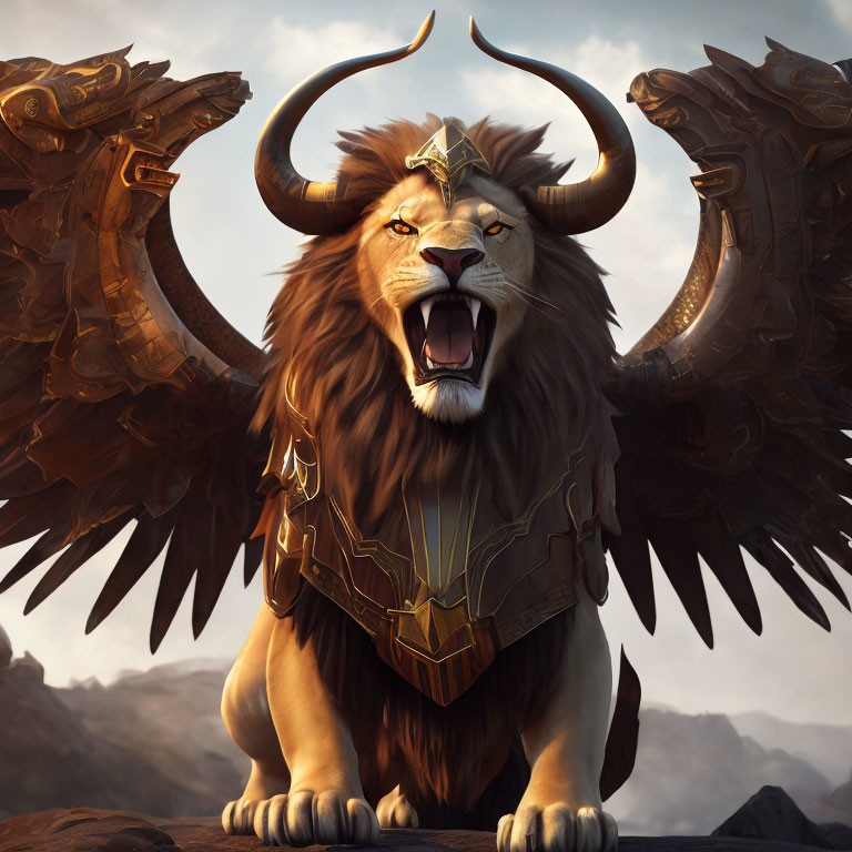 Majestic lion in golden armor roaring in rocky landscape