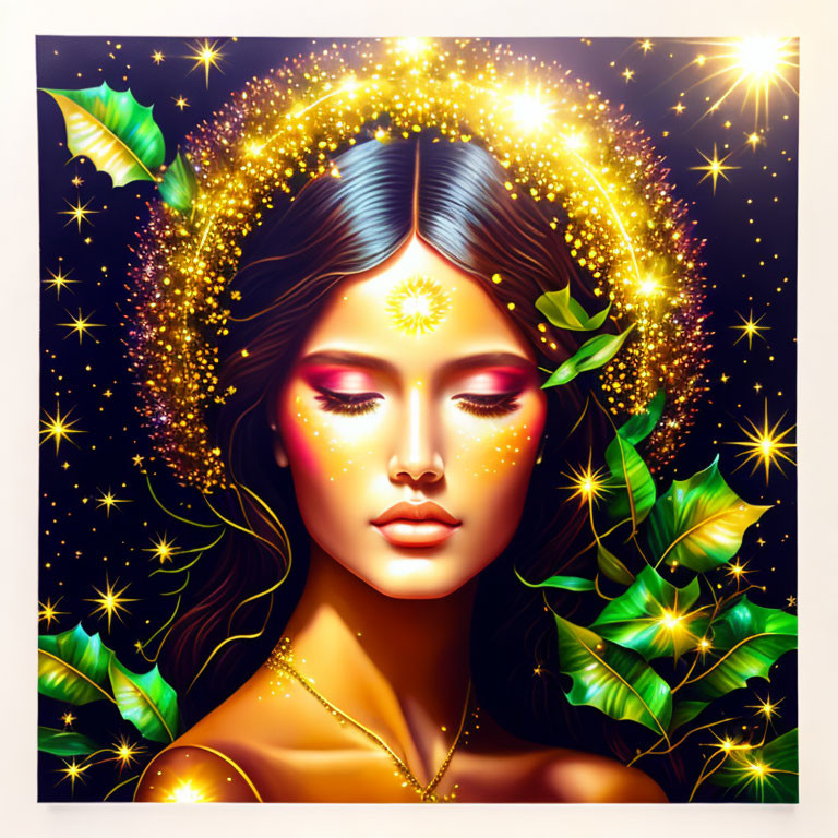 Illustration of woman with closed eyes and golden halo with stars and leaves