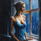 Woman in Blue Dress Sitting by Rain-Streaked Window in Sunlight