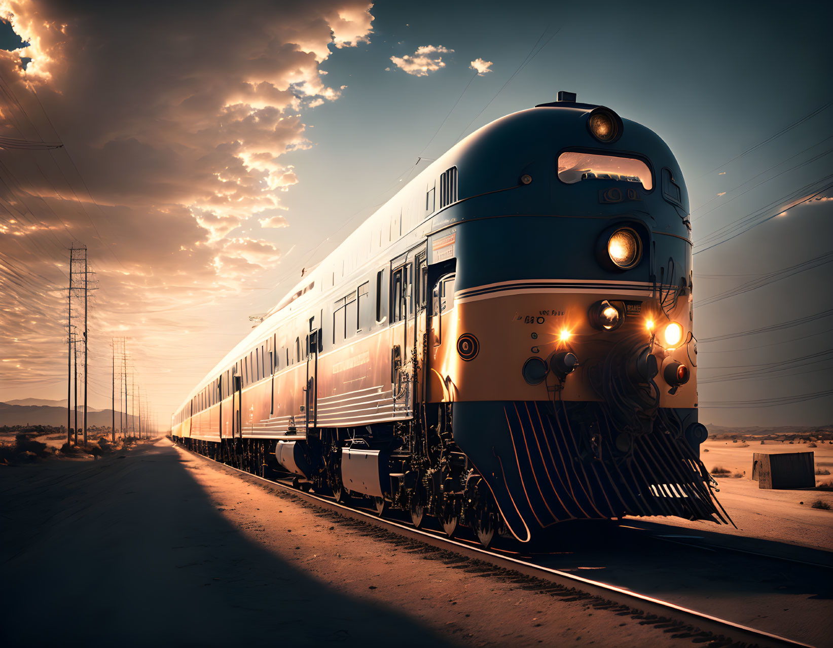 Vintage blue and silver train in desert landscape at sunset