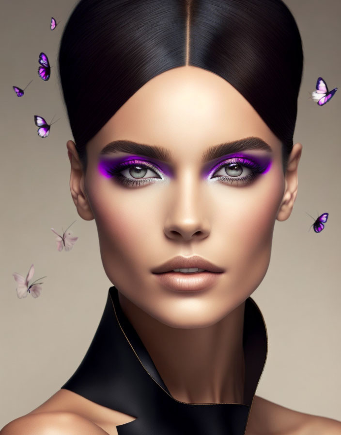 Woman with Striking Purple Eye Makeup Surrounded by Butterflies