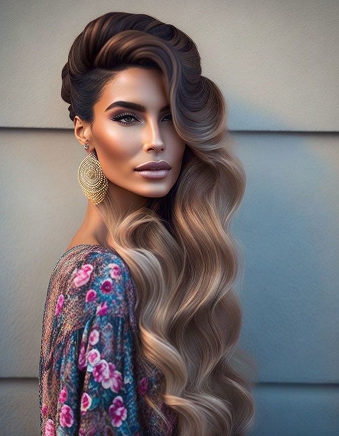 Stylized image of woman with voluminous wavy brown hair and dramatic makeup