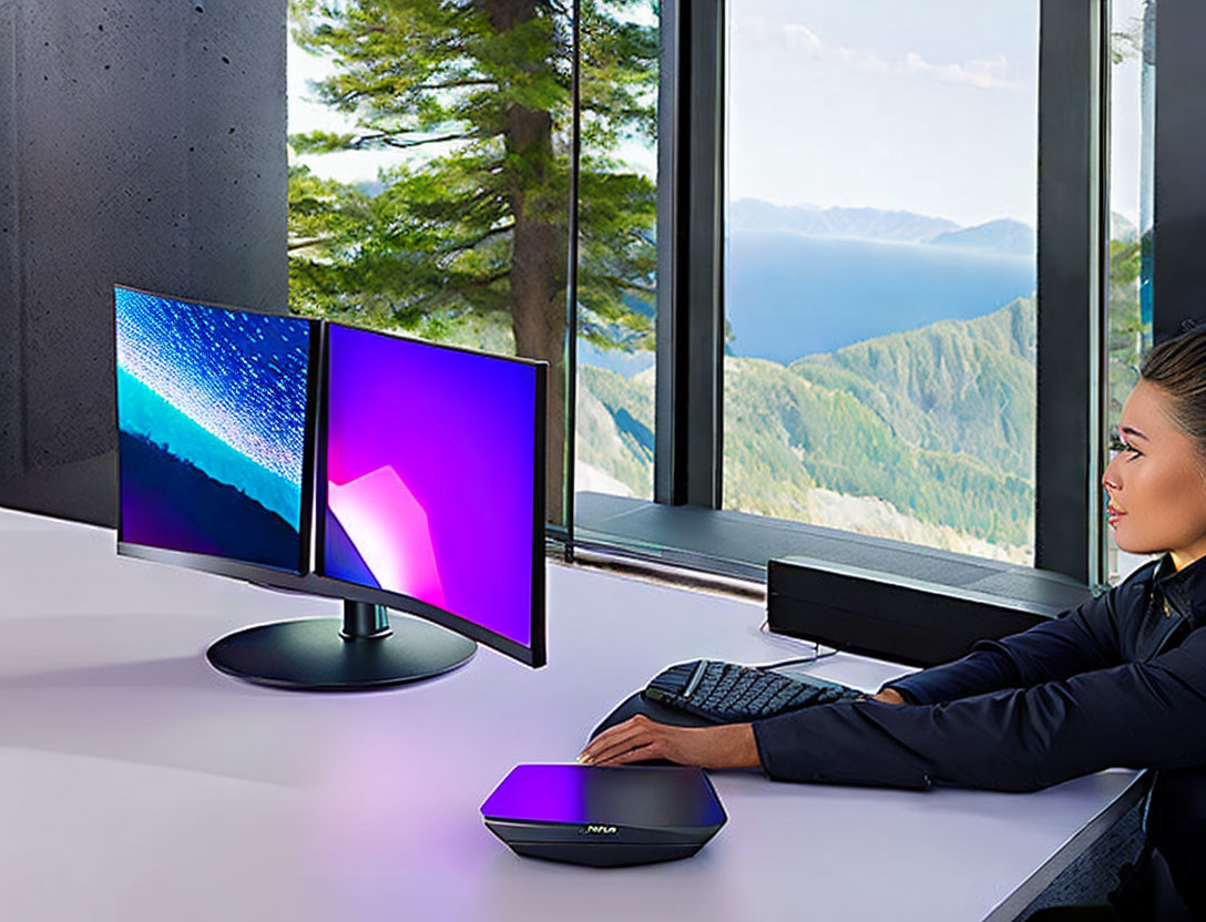 Person at Desk with Two Monitors and Mountain View