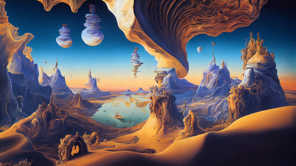 Surreal landscape: floating islands, ethereal rock formations, tranquil sea, multiple planets in the