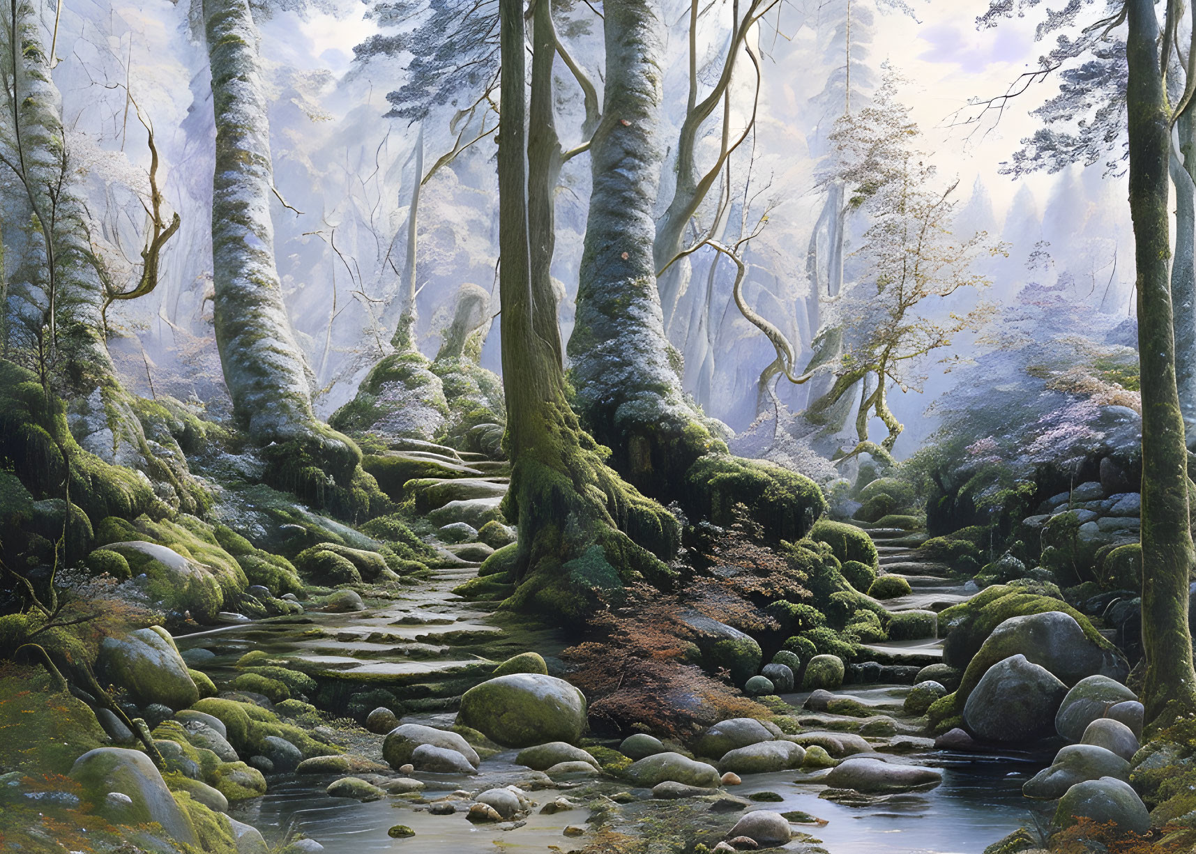 Moss-Covered Stream in Misty Forest Scene