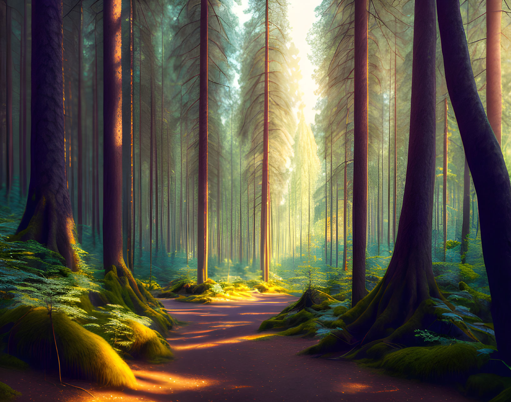 Sunlit forest pathway with tall trees and green ferns under warm sunlight