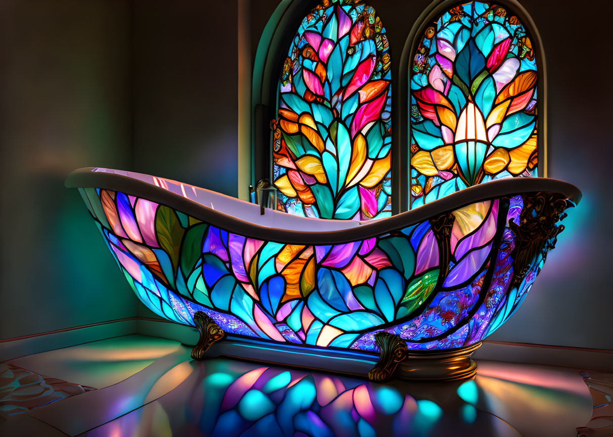Elaborate Designs Bathtub with Vibrant Stained Glass Backdrop