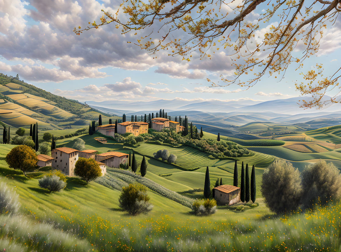 Scenic Tuscany landscape: rolling hills, cypress trees, traditional villas