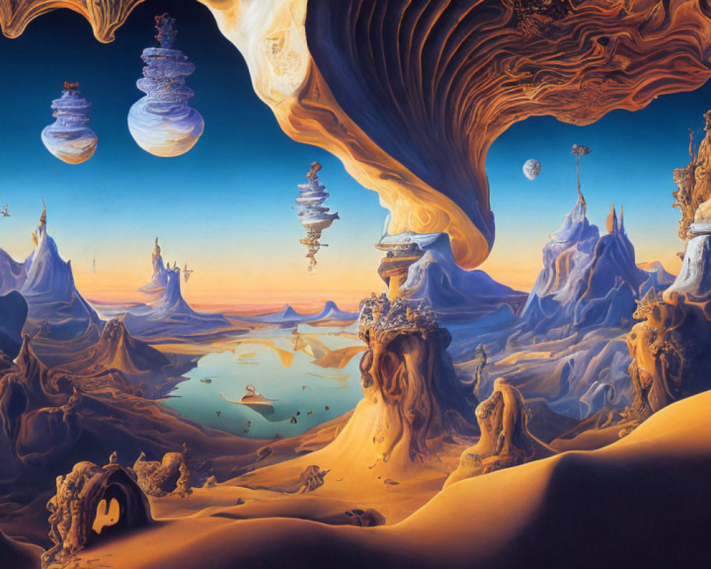 Surreal landscape: floating islands, ethereal rock formations, tranquil sea, multiple planets in the