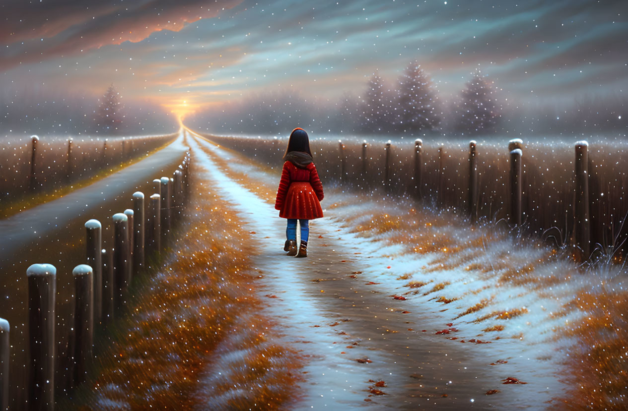 Person in Red Coat Walking on Snowy Path at Sunset