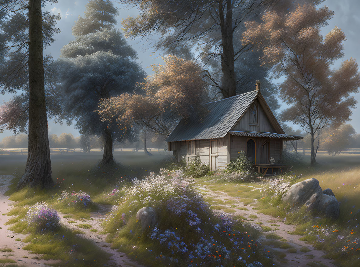 Tranquil forest cottage with blossoming trees and wildflowers