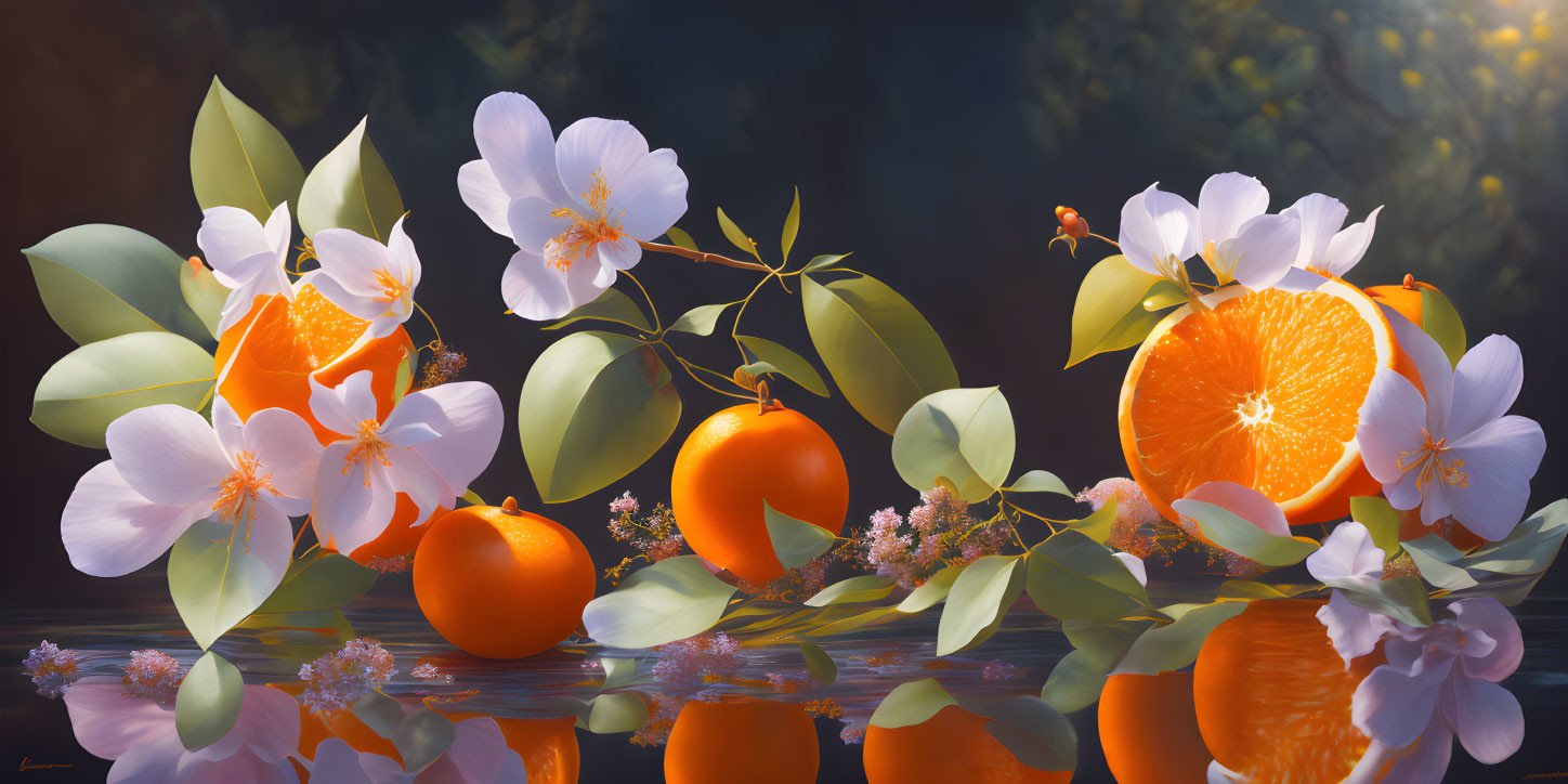 Oranges with blossoms and leaves on reflective surface