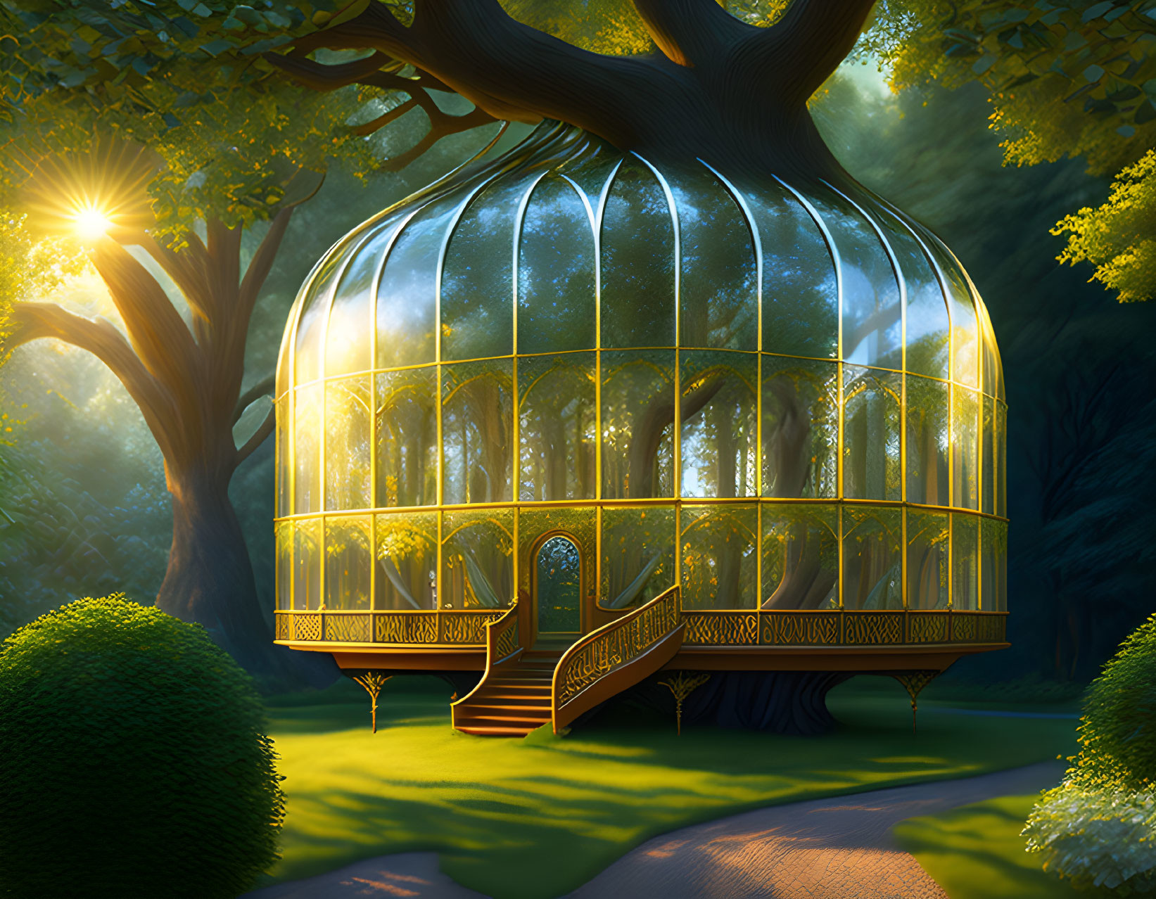 Golden birdcage structure in mystical forest with glowing lights and sunbeam