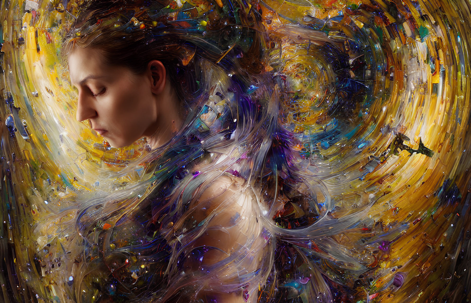 Vibrant cosmic swirl of colors surrounding a woman