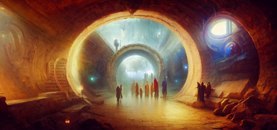 Silhouetted figures in ancient cavernous room with grand arches and futuristic round windows.